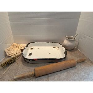 Vintage Enamelware Pan Rustic Farmhouse Tray Chippy White Red Primitive Decor